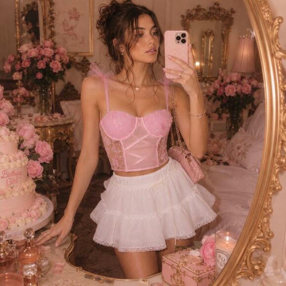 Pink Floral Lace Corset Top Coquette Balletcore Fairy Cami M